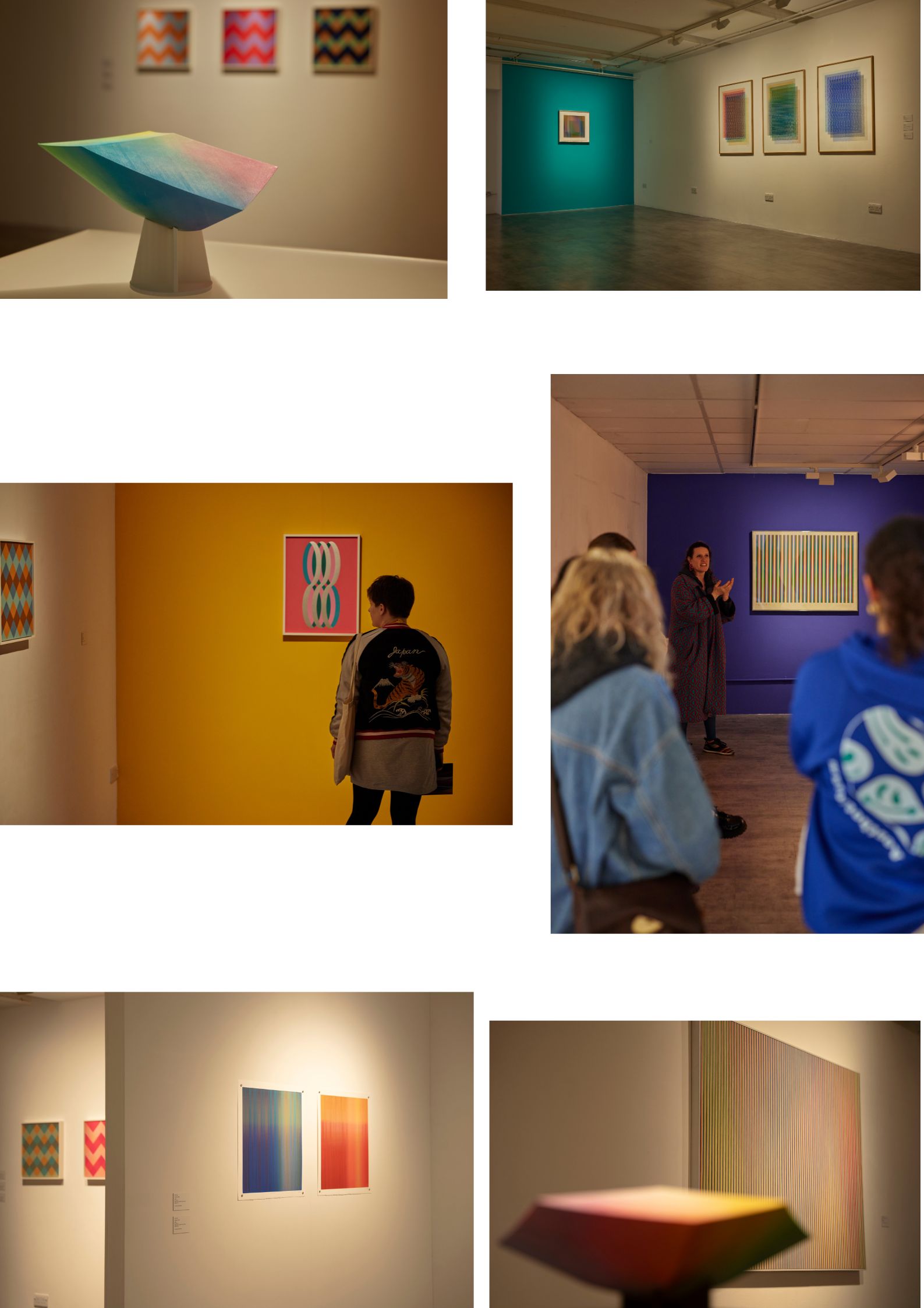 A collection of images showcasing a contemporary art exhibition featuring colorful geometric and abstract artworks. Visitors are seen observing the pieces in brightly painted rooms, with vibrant shades of yellow, teal, and purple as backdrops, while some sculptures and framed prints are displayed on the walls.