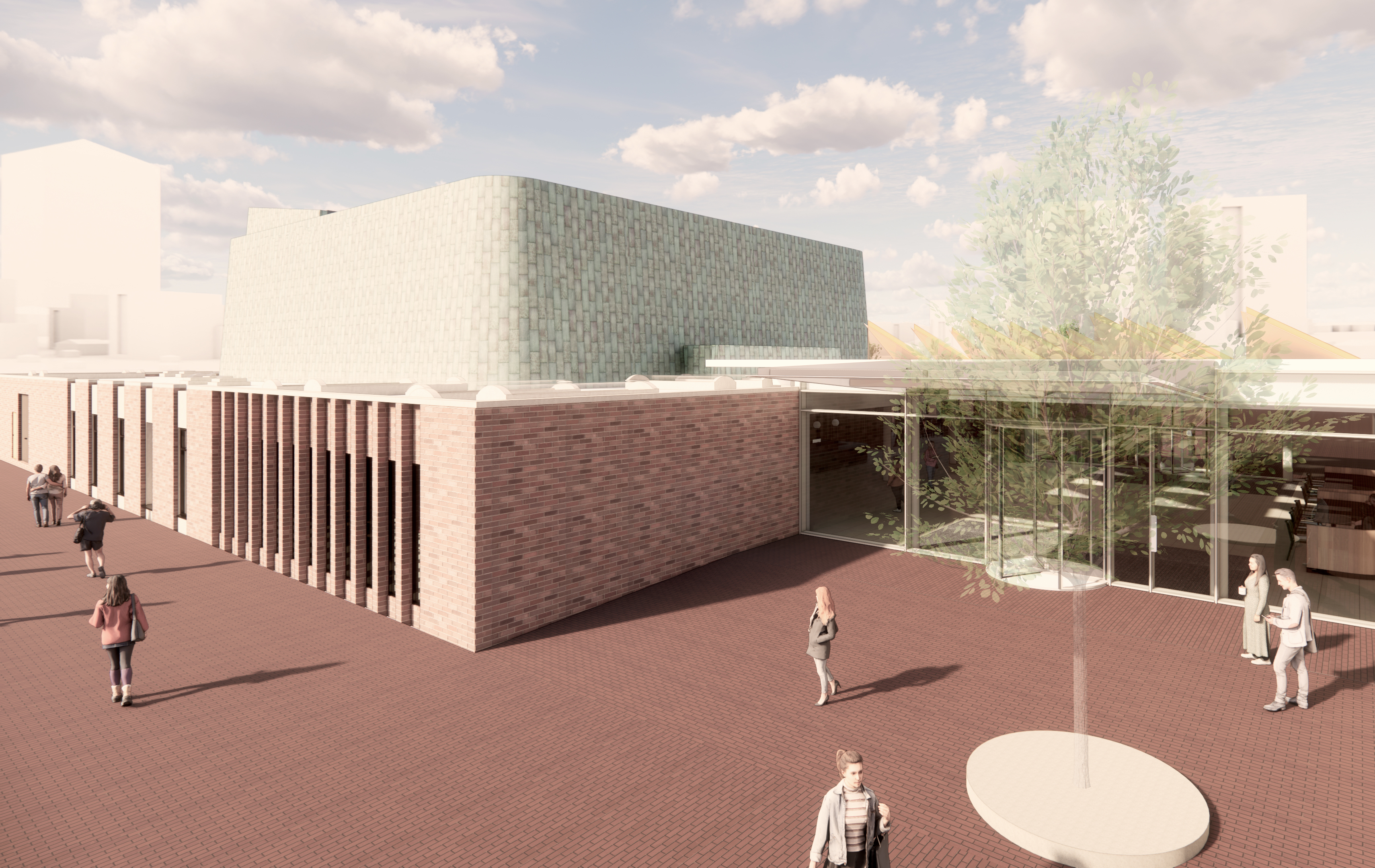 An architect's drawing of a modern brick-and-glass building with people walking in an open courtyard