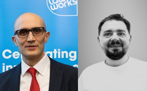 Two head and shoulders photos. The left-hand photo is of a man with black framed glasses wearing a dark blazer, white shirt and red tie, and the right-hand photo is in black and white of a man with a beard wearing a white T-shirt