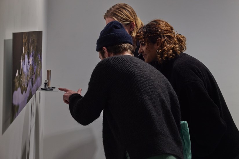 Three people closely examine an artwork hanging on a wall