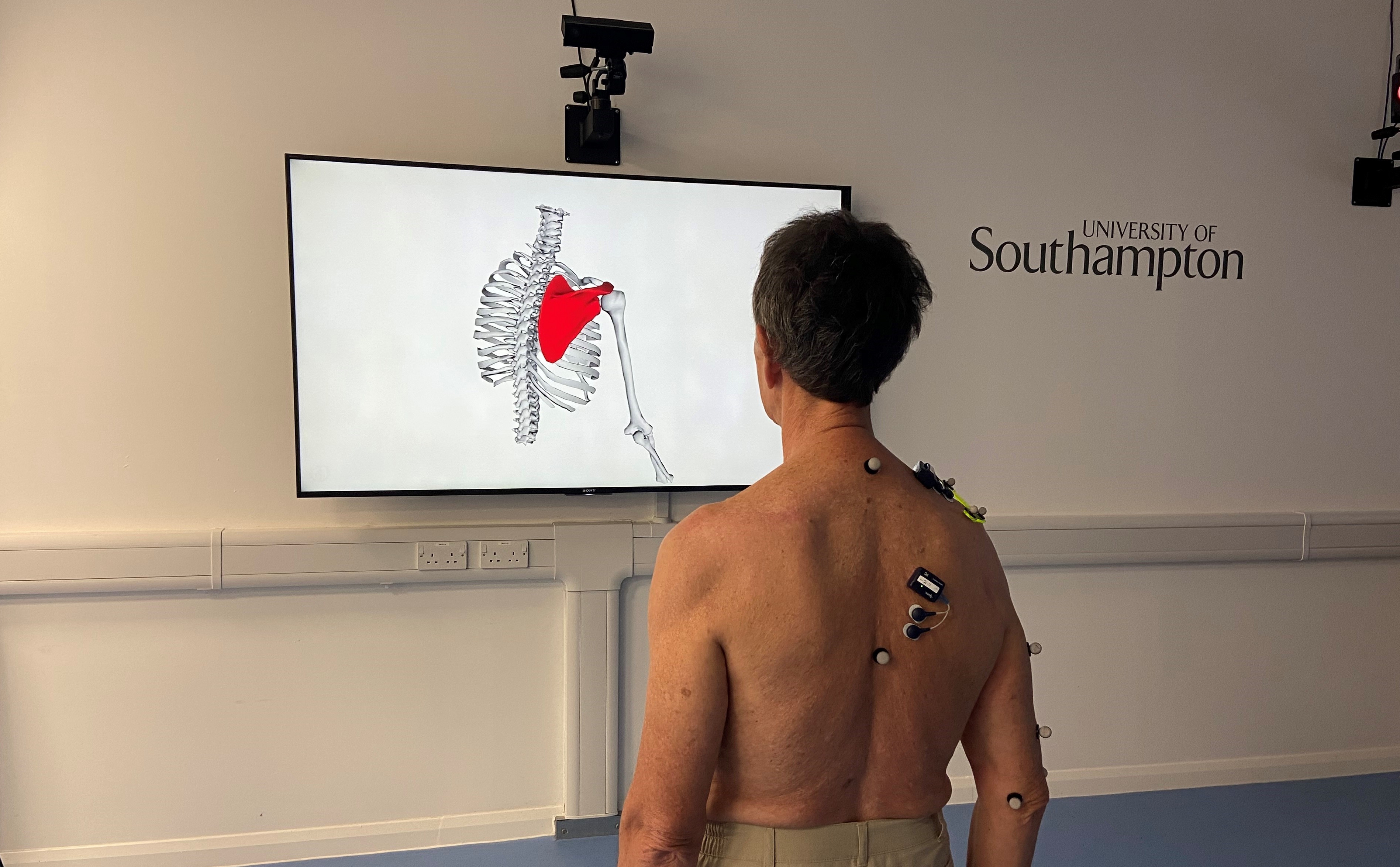 A man facing away from the camera with sensors attached to the skin on his back, shoulder and arm. He is facing a screen with a digital image of a skeleton, with the shoulder blade highlighted in red.