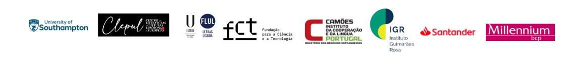 A row of institutional logos appears on a white background, including the University of Southampton, CLEPUL, Universidade de Lisboa, FCT, Camões Institute, IGR Instituto Guilherme Rosa, Santander, and Millennium bcp. The logos are arranged horizontally in different colours and styles to represent partner organisations and sponsors.