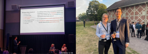 Left: Dr Zhang presenting his work at ISGSR2025.  Right: Dr Zhang and Dr Bateman at the banquet. 