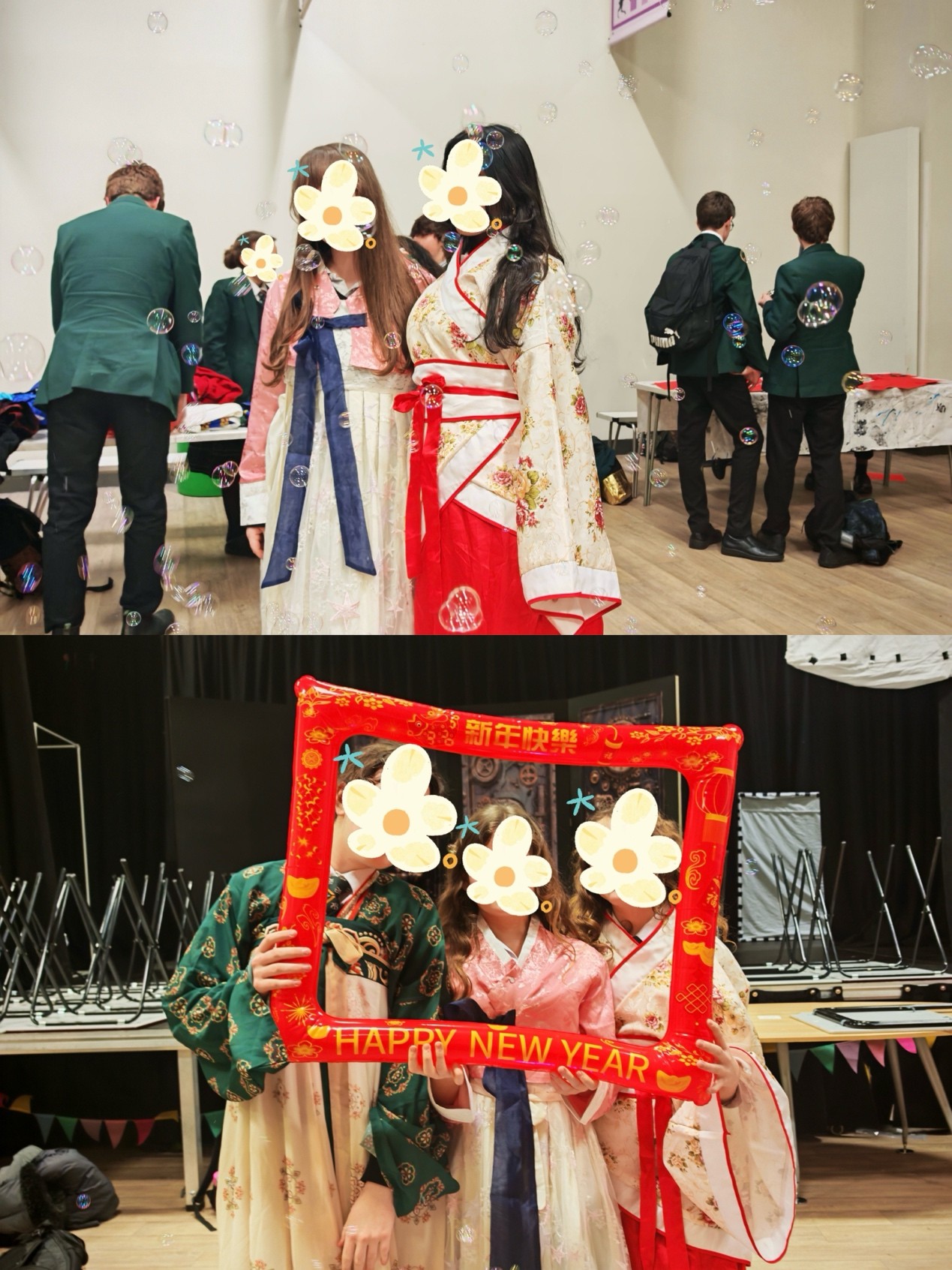 Students wearing colourful traditional-style clothing pose together in a classroom decorated for a celebration. In the lower image, three students hold a red festive frame that reads “Happy New Year.”