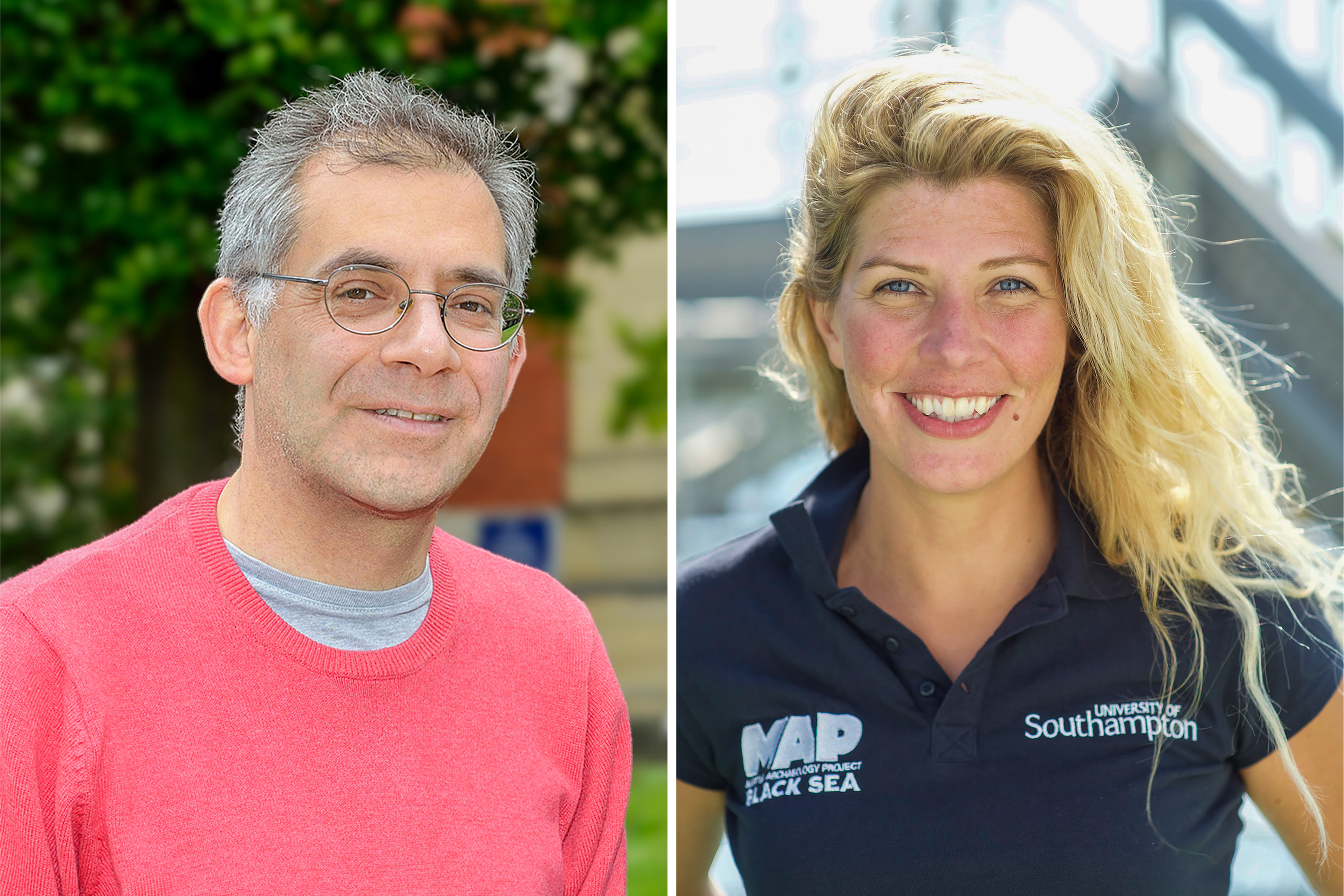 A man wearing a pink jumper and glasses beside a woman, to his right, wearing a dark blue polo shirt.