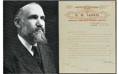 Black and white head and shoulders image of a man with a beard wearing a blazer, shirt and tie, next to an image of an old typed letter headed ’H.W. Tankel’.