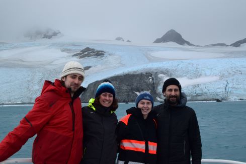 Sam Kindler (Cetacean RRUnit, Scotland), Julie Mestre, Amy Feakes and Ryan Reisinger at Elephant Island