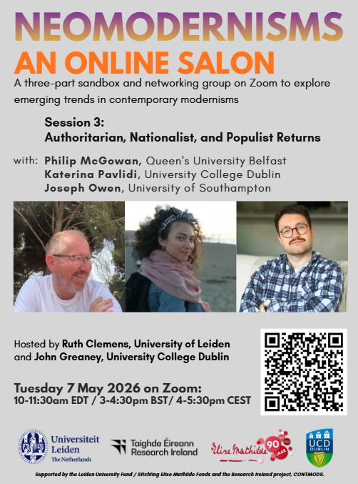 A promotional poster titled “NEOMODERNISMS: An Online Salon” advertises a Zoom discussion on emerging trends in contemporary modernism, listing speakers, session title, hosts, date and time. Three speaker headshots appear in the centre, with institutional logos and a QR code at the bottom.