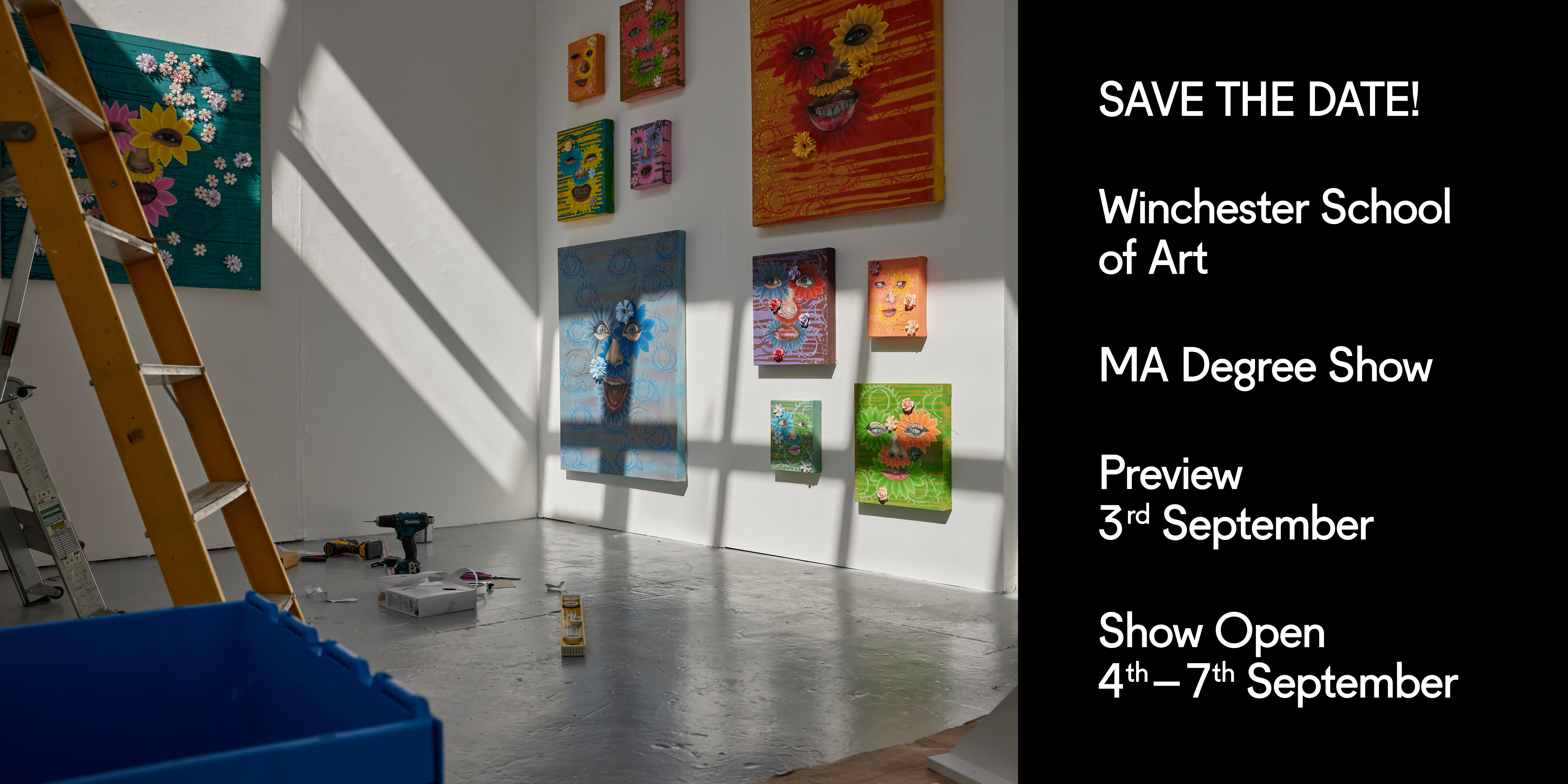 A bright art gallery space displays colorful paintings on white walls, with natural light streaming through windows creating dramatic shadows on the concrete floor. Text overlay announces ’SAVE THE DATE!’ for Winchester School of Art’s MA Degree Show, with a preview on September 3rd and show open from September 4th-7th.