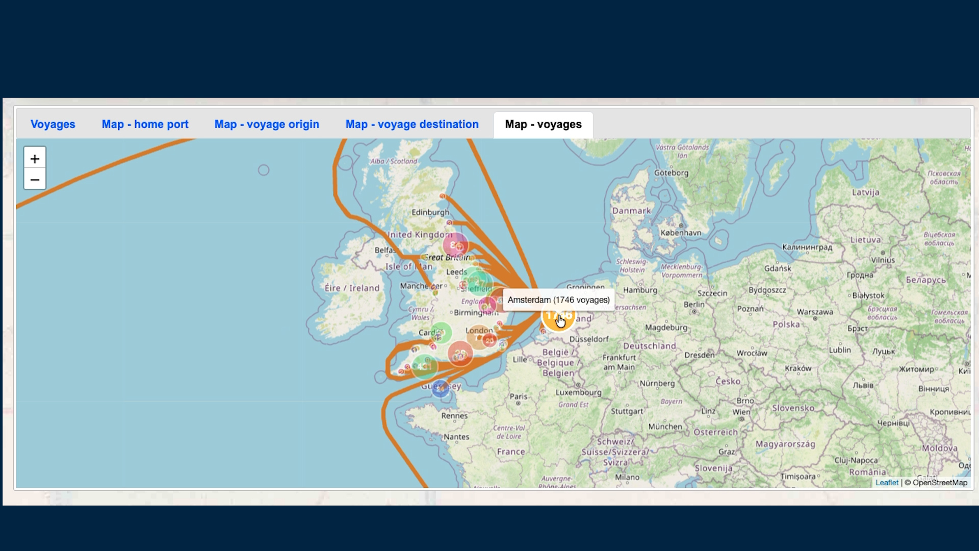 Screen grab of interactive map created from the historic database