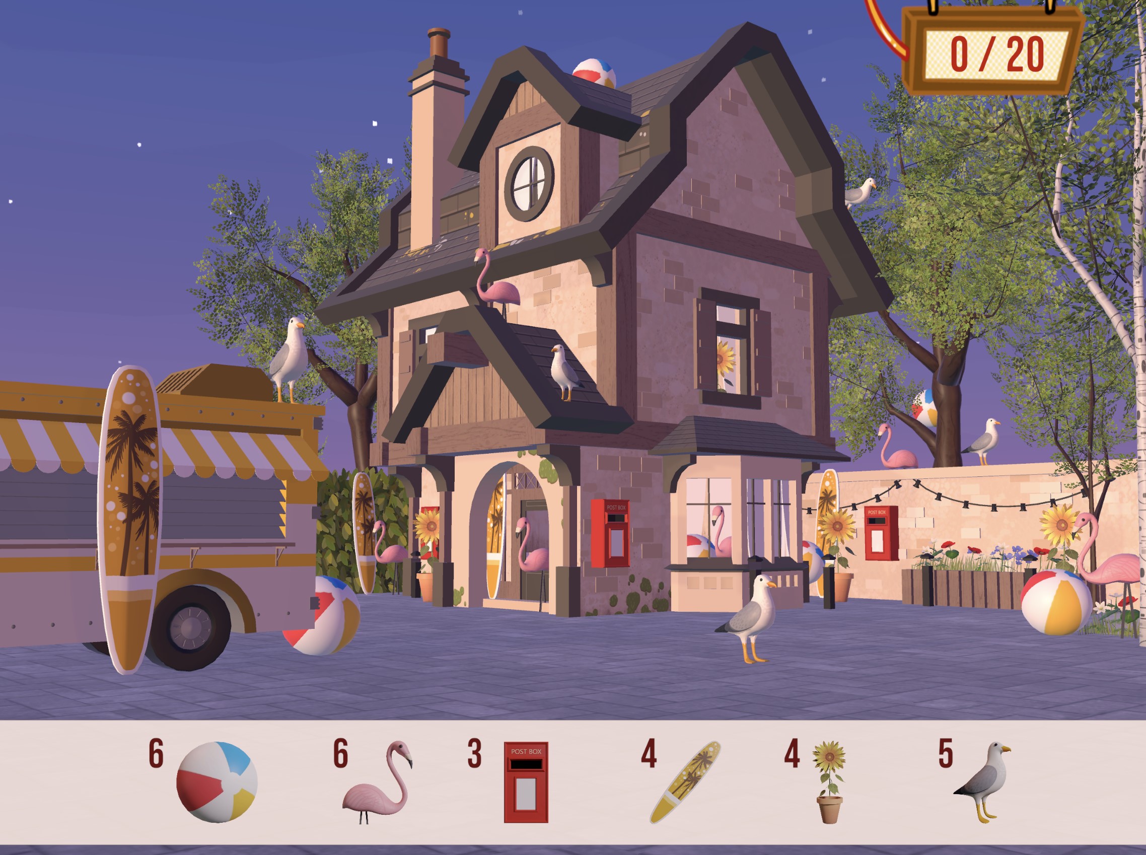 A cartoon image of a house with objects, such as a ball and pot plant, hidden in the image.