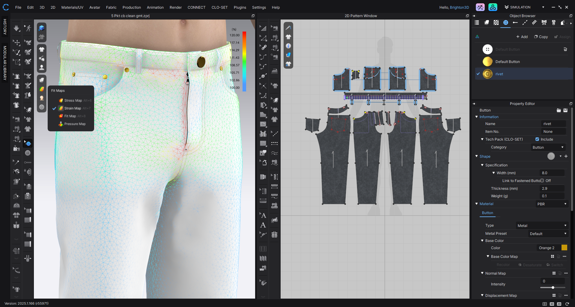 A computer screen shows a 3D modeling interface with a pair of jeans on the left and flat pattern pieces on the right. A stress map overlay highlights tension areas on the jeans for design analysis.