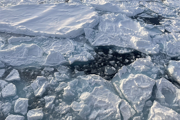 A close-up aerial view of fragmented Arctic sea ice, with large white ice floes broken into smaller pieces and separated by dark, icy seawater. Jagged edges and scattered chunks of ice illustrate the fractured surface and ongoing sea ice breakup.