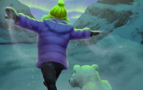 Drawing showing the back of a girl in a blue coat, yellow bobble hat and black mittens running with her arms outstretched, with a polar bear cub following her.
