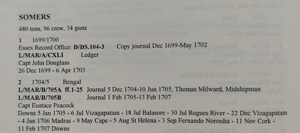 Example from sourcebook - the entry has the second voyage detailing each port