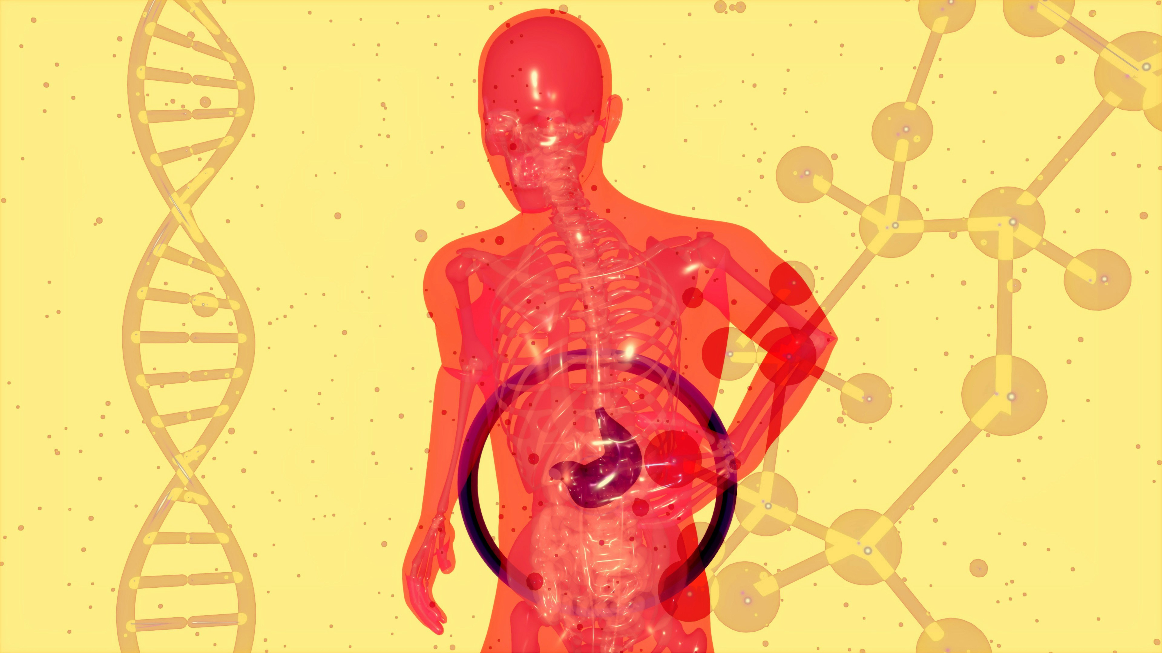 A person in red holding their stomach alongside DNA molecules representing genetics and human biology