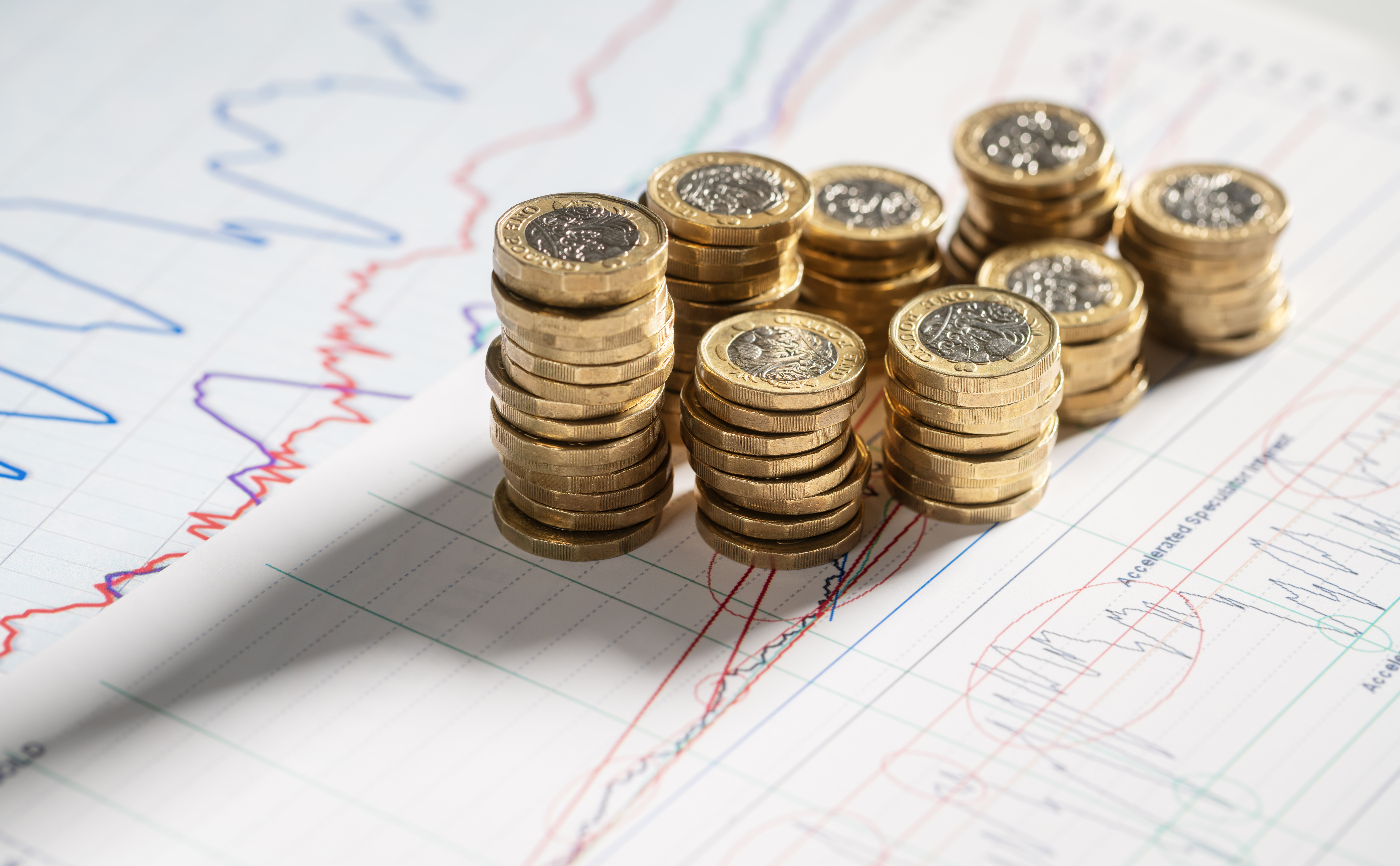 Stacks of pound coins placed on financial graphs and figures