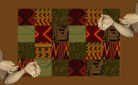A collage that merges circuit board patterns with textile motifs in a grid-like background of alternating black, grey, and white. Two hand-drawn arms are on each side of the image, positioned as if gently pulling on thin, white strings that cross the image diagonally. The hands appear soft and somewhat translucent, contrasting with the rigid lines of the circuit board patterns behind them. The strings are woven through both the hands and the background, symbolising the connection between traditional weaving and modern technology. The overall colour palette features muted earth tones, including browns, beiges, and grays, creating a sense of both history and continuity between the natural and technological worlds..