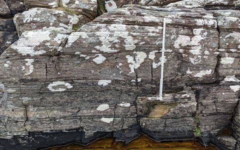 Close-up of layered rock face with measuring scale on the right.