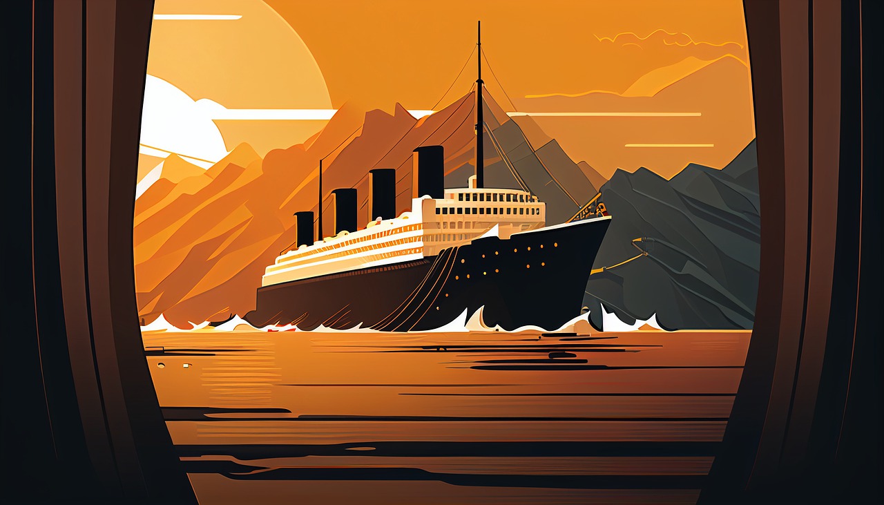 Representation of the Titanic in neutral colours, on the sea with mountains behind