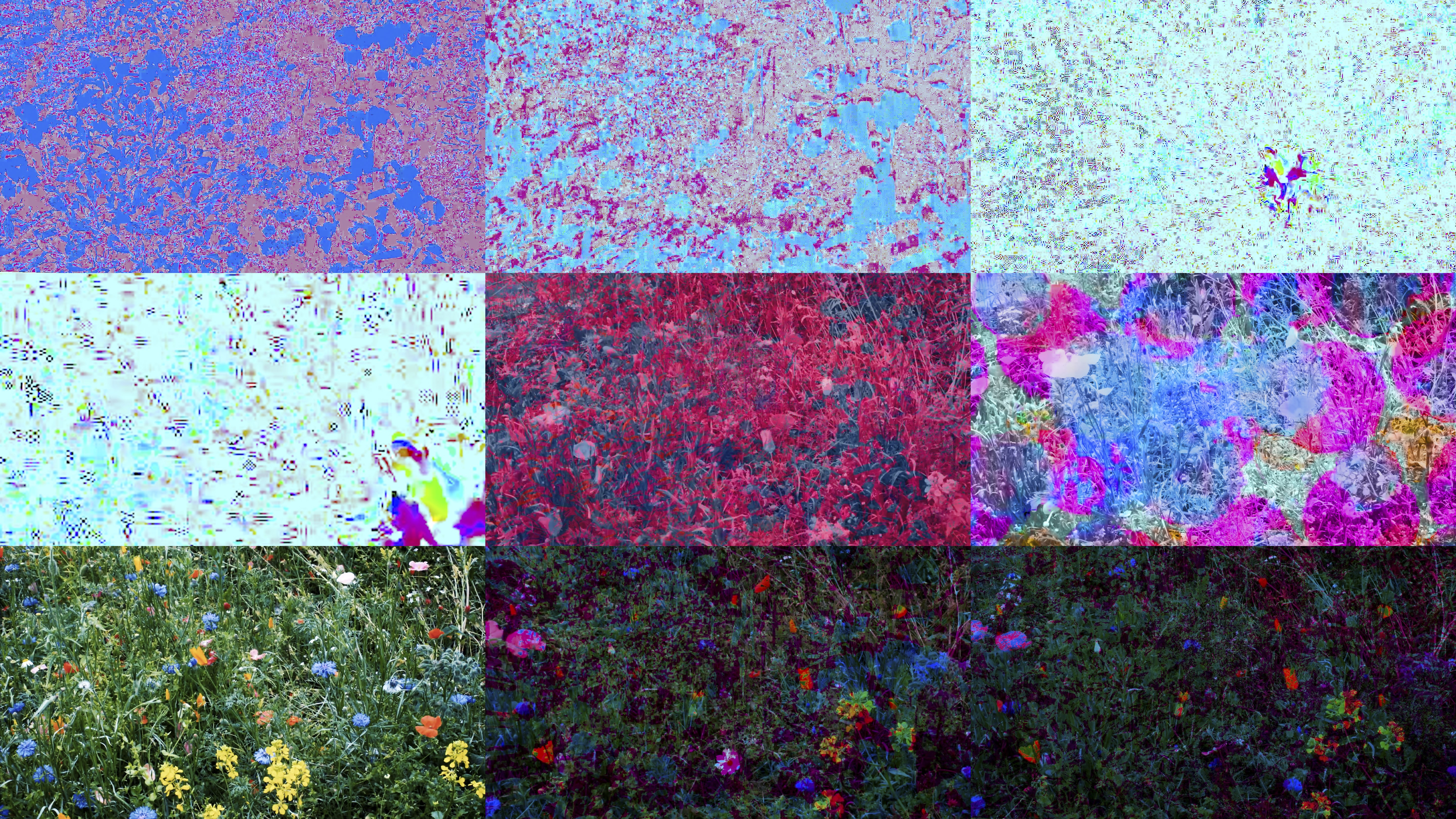 A grid of abstract, glitch-style images transitions from bright blue, pink, and white hues in the top rows to a more natural floral field in the bottom row. The lower images display wildflowers in vivid colors, blending into darker tones, while the top emphasizes digital distortion and layered textures.
