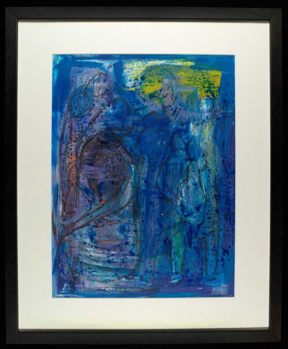 A framed painting in vivid shades of blue, purple and yellow depicts abstract human‑like forms blending into a textured background. The artwork is presented in a white mat with a black frame.
