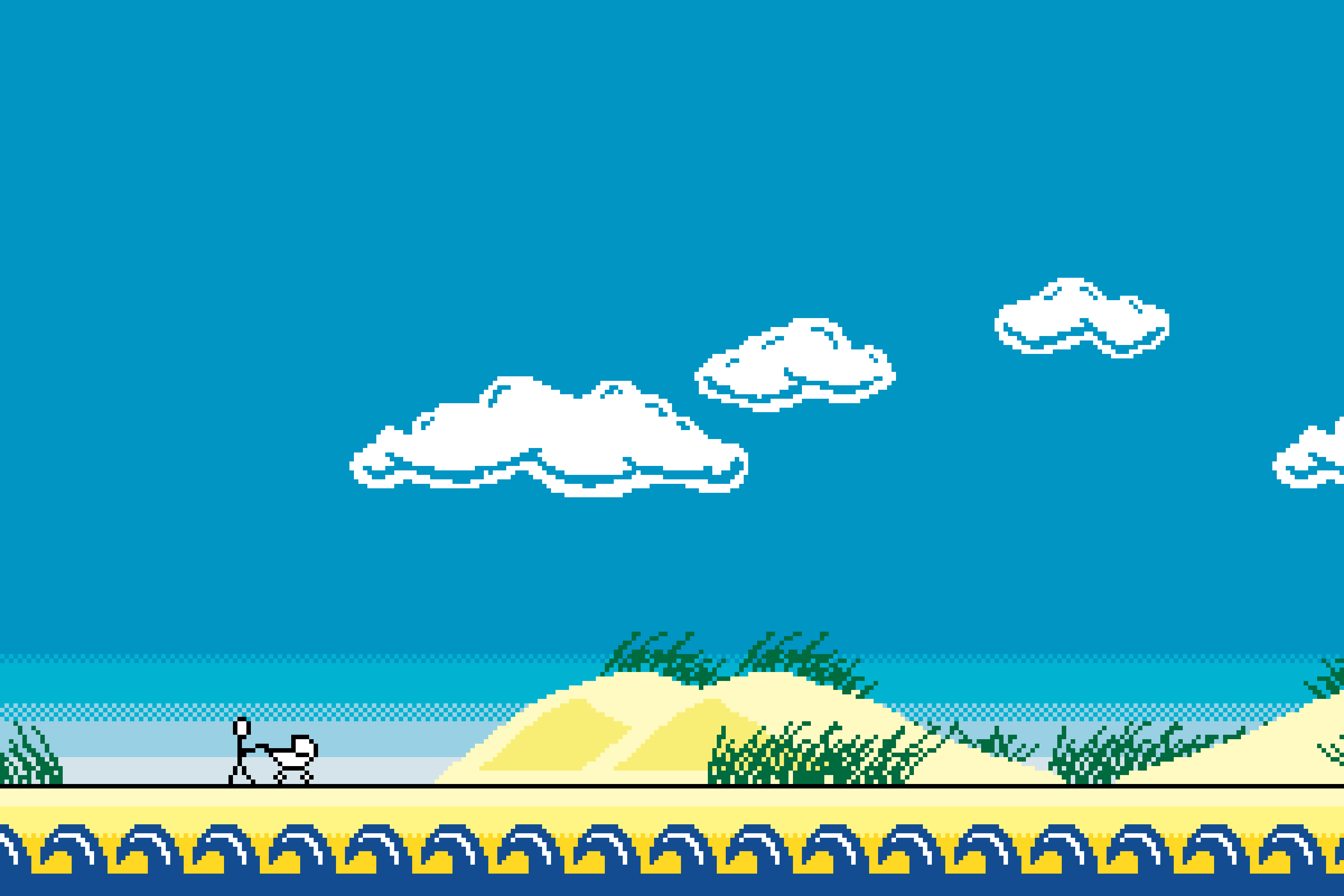 A pixel art beach scene under a bright blue sky with fluffy white clouds. Sand dunes and tufts of grass are in the background, with stylized waves at the bottom. In the foreground, a simple stick-figure pushing a pram walks along the shore.