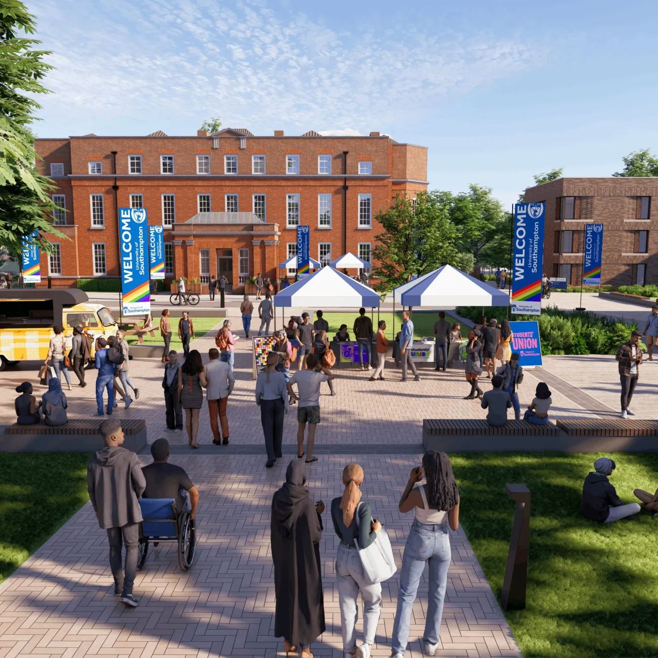Artist's impression of a busy University of Southampton campus event. Students gather around information stalls and marquees in a landscaped courtyard, with large