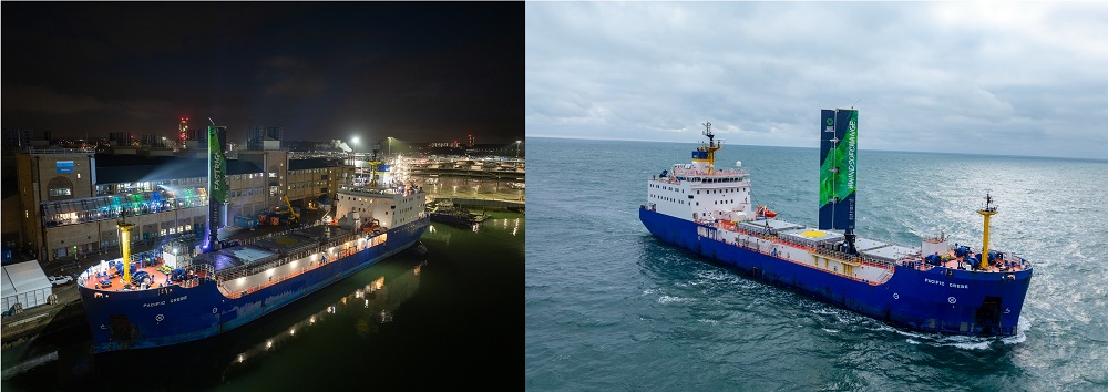 The Pacific Grebe alongside the National Oceanography Centre during the light show reveal of the FastRig™ wind sail (left) and at sea during trials (right). 