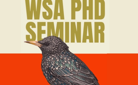 Cream and red background shown with a black bird in front of beige text reading WSA PhD Seminar