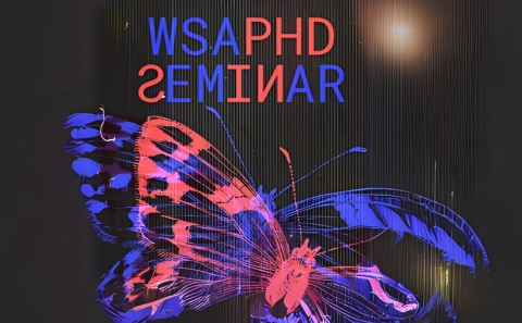 Black background with a overlay of a butterfly in red and blue, with text reading ’WSA PHD SEMINAR’.