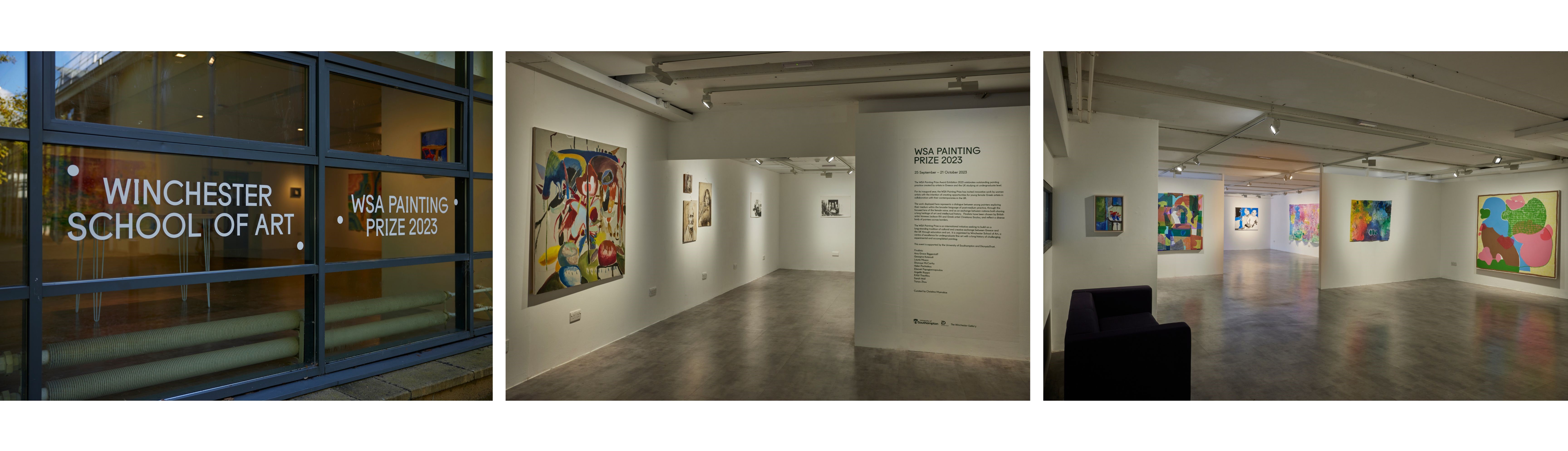 A montage of three images. The first shows the window of the Winchester Gallery with decals saying 'WSA Painting Prize.' The second and third show the interior of the gallery with many artworks hanging on the walls. 