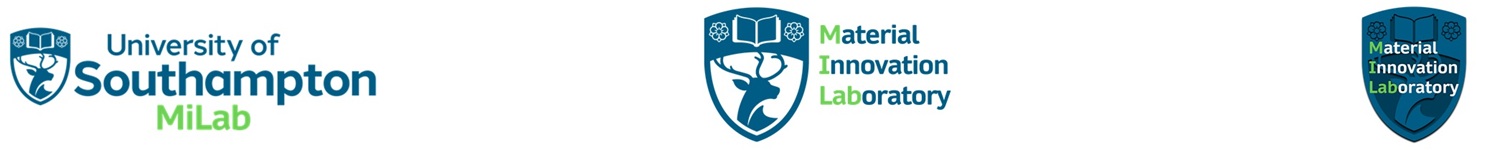 Three logos of the Material Innovation Laboratory, combining the logo of the university of Southampton with the words Milab and Material Innovation Laboratory in Green and blue