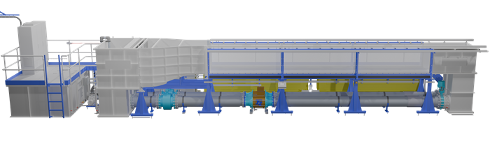 Computer-generated rendering of the recirculating water tunnel, showing the test section, flow circuit and support structure