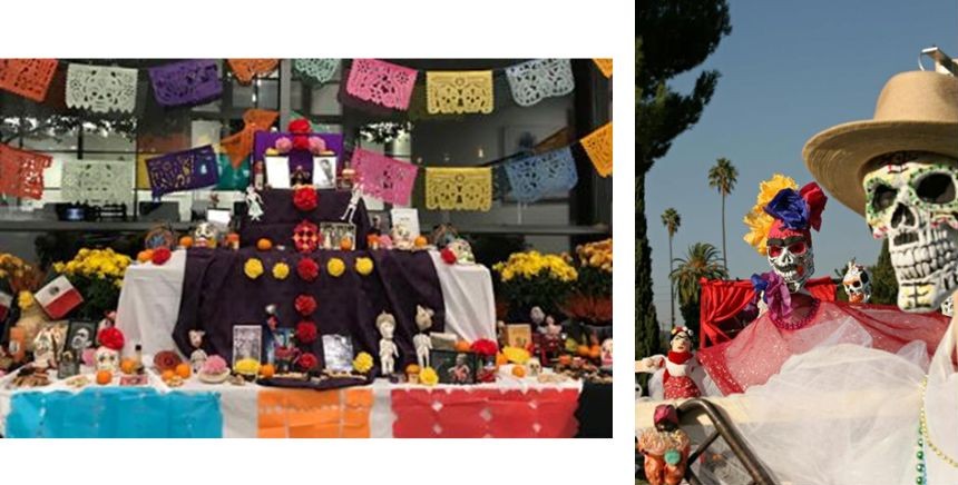A colorful Day of the Dead altar decorated with marigolds, candles, photos, and papel picado banners, surrounded by various offerings. Next to it, a festive skeleton figure dressed in bright clothing and a hat is displayed outdoors with palm trees in the background.