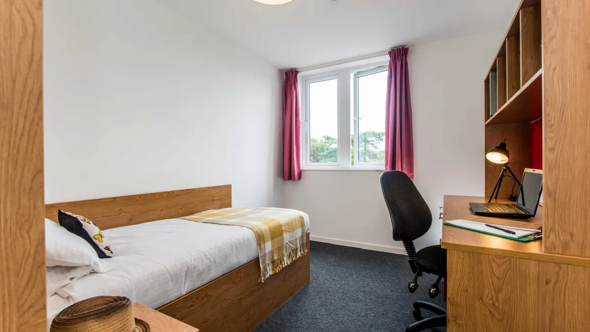 Modern student bedroom with bed and desk.