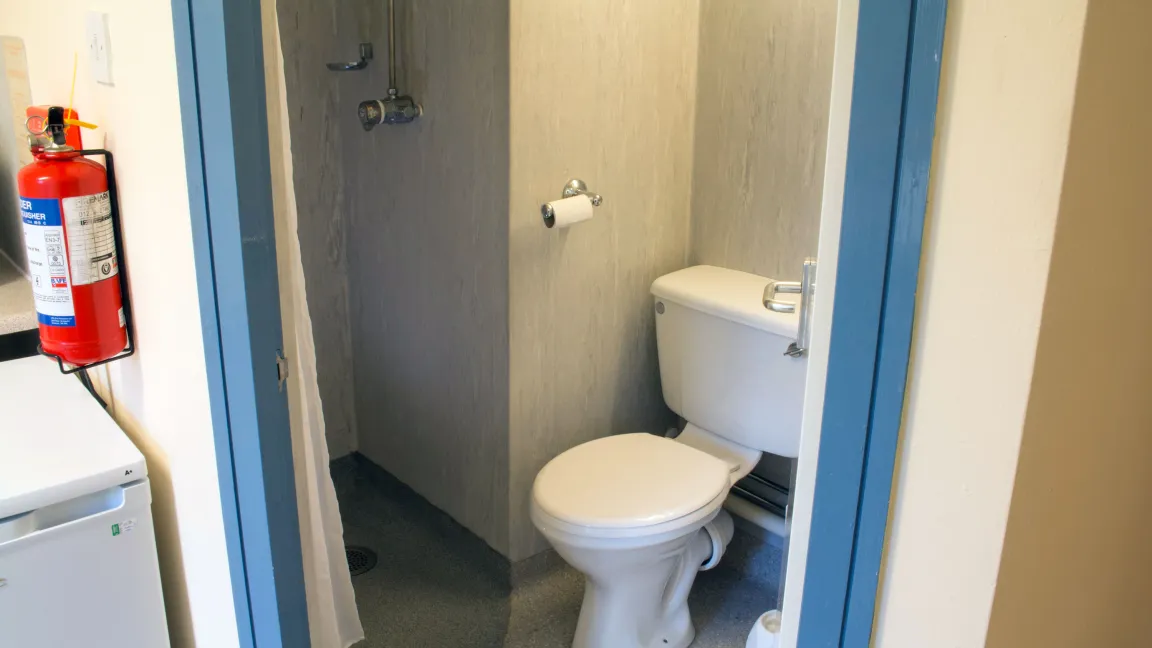 A bathroom containing a white toilet and shower cubicle area.