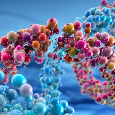 Abstract 3D clusters of glossy, multicolored spheres forming the shape of dna against a blue background.