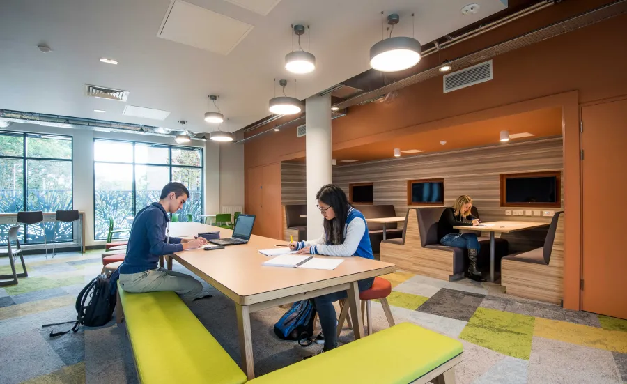 Students working at large shared table in a modern common room.