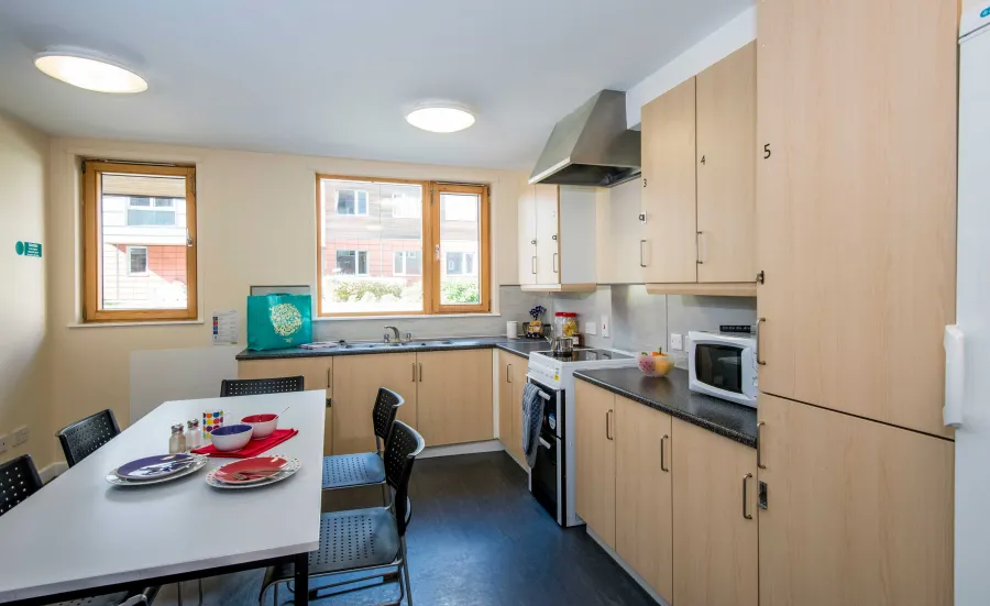 An empty, modern communal kitchen.
