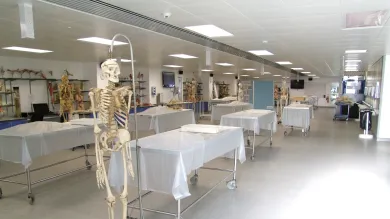 View of tables and equipment inside the Centre for Learning Anatomical Sciences.