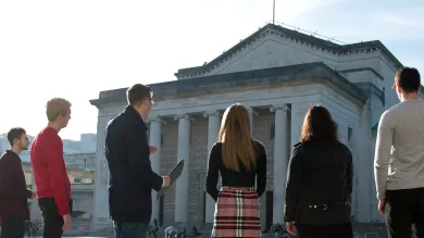 six politics student stood outside Southampton guildhall
