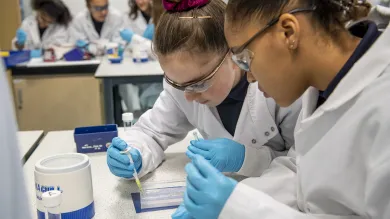 School pupils wearing goggles and gloves experimenting in lab