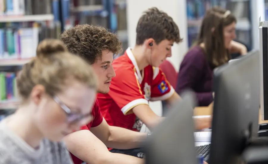 Students work at computer terminals in the health services library