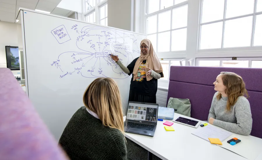 3 students in a common learning space, gathered around a whiteboard showing a mind map they are using to capture and organise their thoughts.