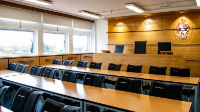 Law school simulated courtroom with judges bench