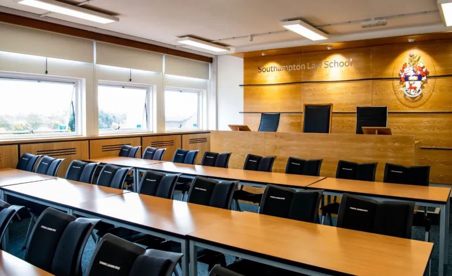 Law school simulated courtroom with judges bench