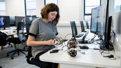 A student tinkers with the electronic components of a small robot while sat at a workstation in the lab.