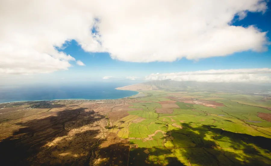 Aerial view of cloud shadows on green landscape