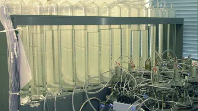 A bank of stirred digesters used to study biochemical methane potential